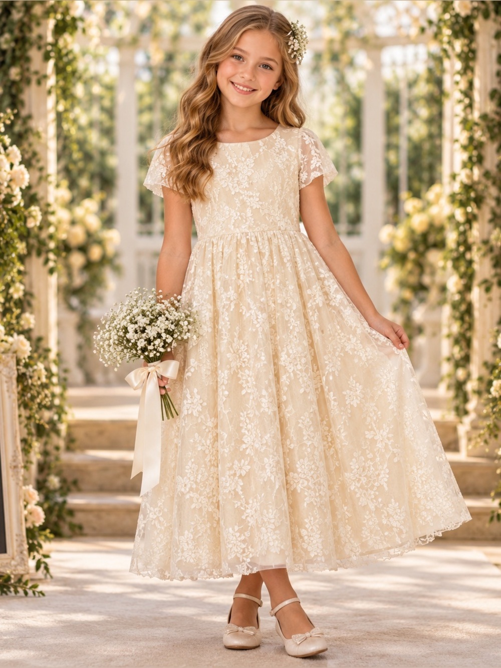 David’s Bridal Girls 10 Ivory Embroidered Flower Girl Maxi Dress NWT